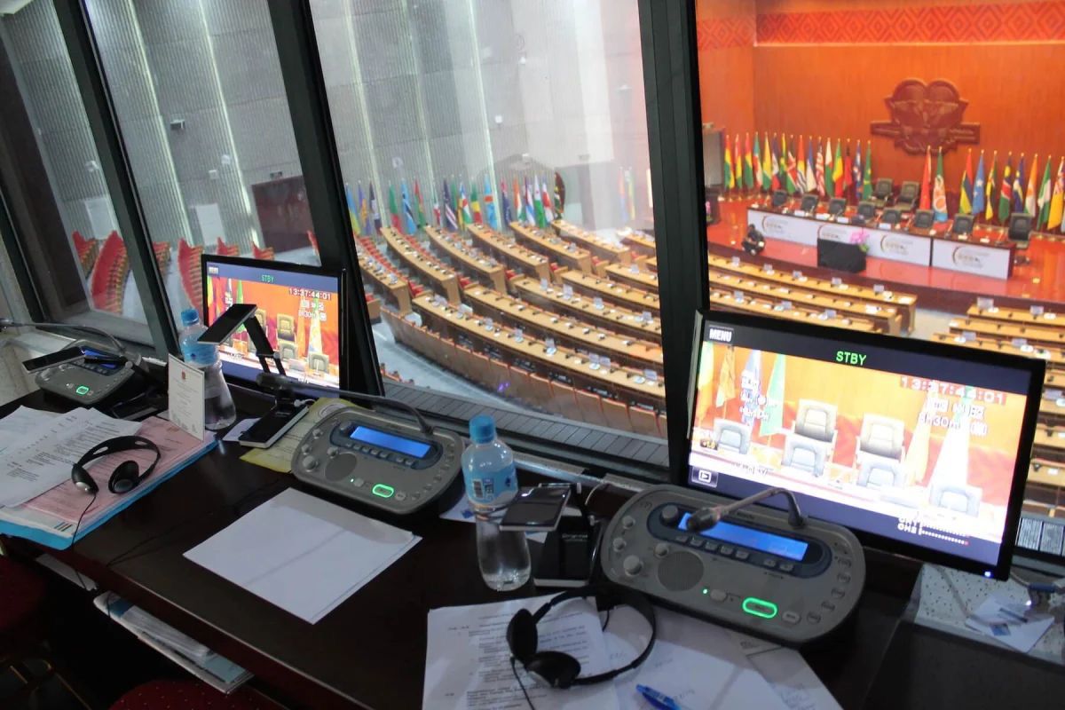 Interpretation booth overlooking conference hall